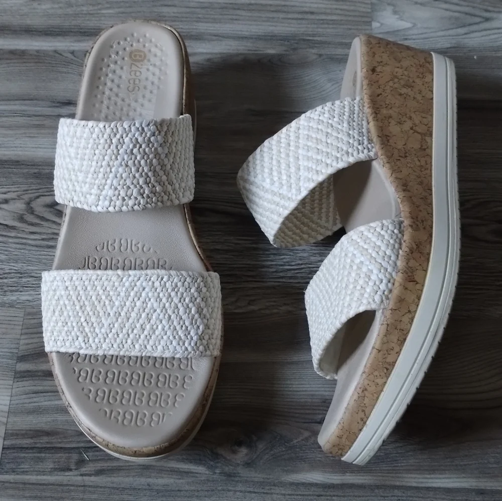 BZEES Resort Platform Slide Sandal In White Raffia Fabric Women's Size 8.5